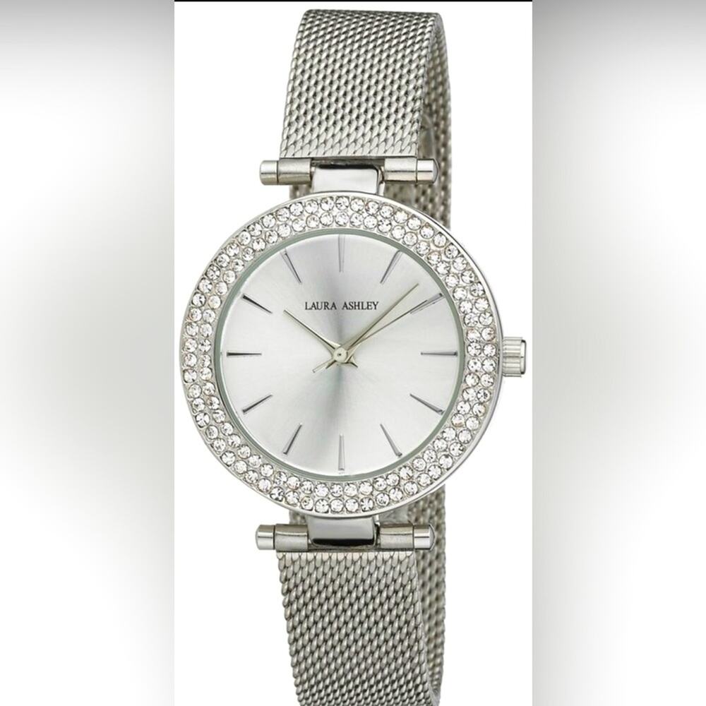 NEW Laura Ashley WATCH Ladies Silver TBar Crystal Bezel Mesh Band Buckle Strap